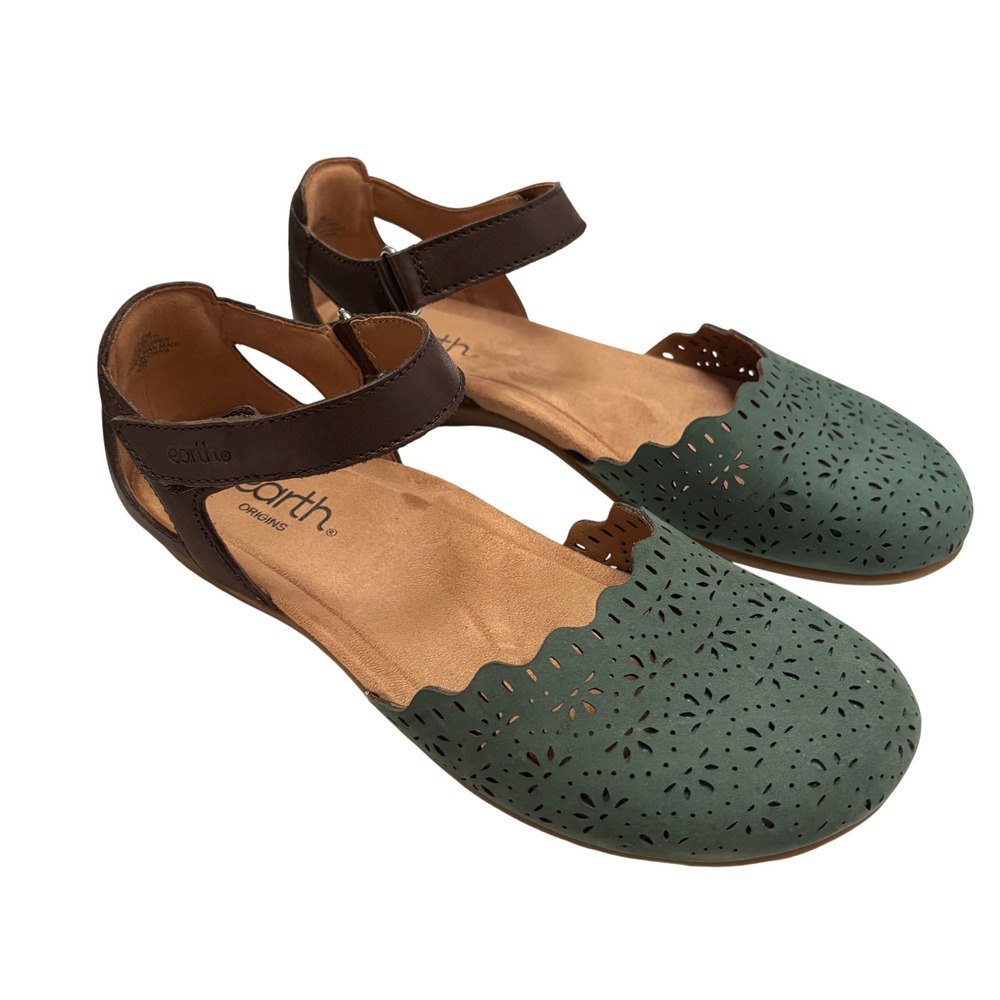 Earth Origins Bronnie Sandals Women 8M Teal Green Laser Cut Floral Boho Hippie